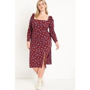 Eloquii Maroon Puff Sleeve Midi Dress with Blue Floral